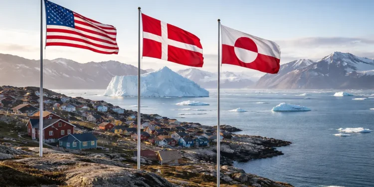 Zastave SAD, Grenlanda i Danske iznad naselja na Grenlandu